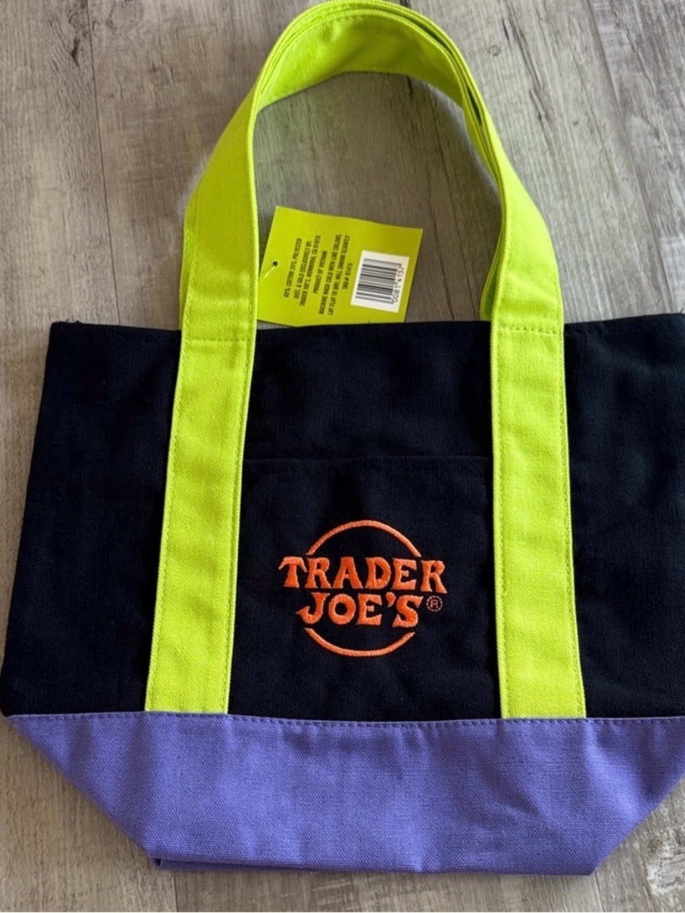 Trader Joe's Halloween  Mini Black Canvas Tote with Lime Handles and Purple Base